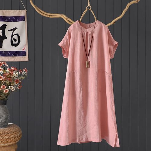 文艺慵懒纯色亚麻短袖连衣裙麻裙素雅复古宽松过膝长款茶裙袍子裙