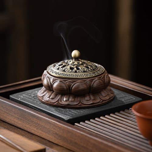 黑胡桃木茶道香炉创意家用室内香薰炉香插线香底座沉香盘纯铜香架