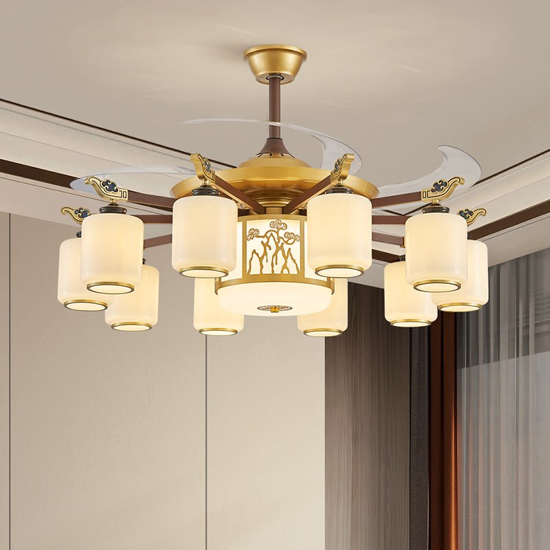 新中式客厅风扇灯朝下隐形一体电灯餐厅吊灯中国风饭店包厢吊扇灯