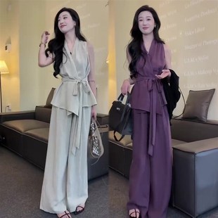 套装 时尚 女韩版 V领无袖 两件套潮 欧货2025夏季 上衣显瘦阔腿裤 新款