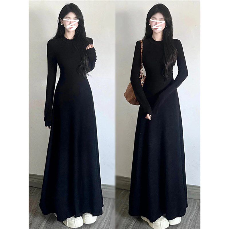 小半高领长袖连衣裙小个子拖地长裙黑色内搭收腰大裙摆打底裙