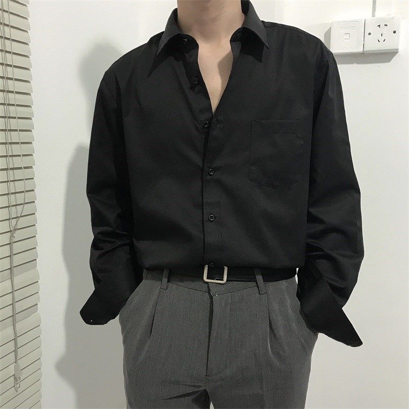 秋季新款韩版修身长袖衬衫男黑色商务方领职业衬衣男正装免烫