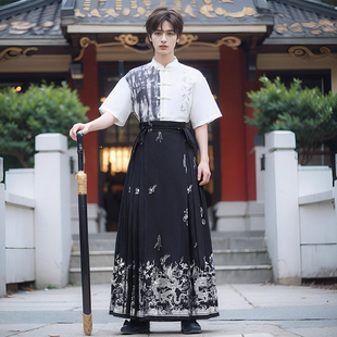 男款 日常可穿马面裙夏 国潮套装 马面裙对襟上衣唐装 汉服男青少年