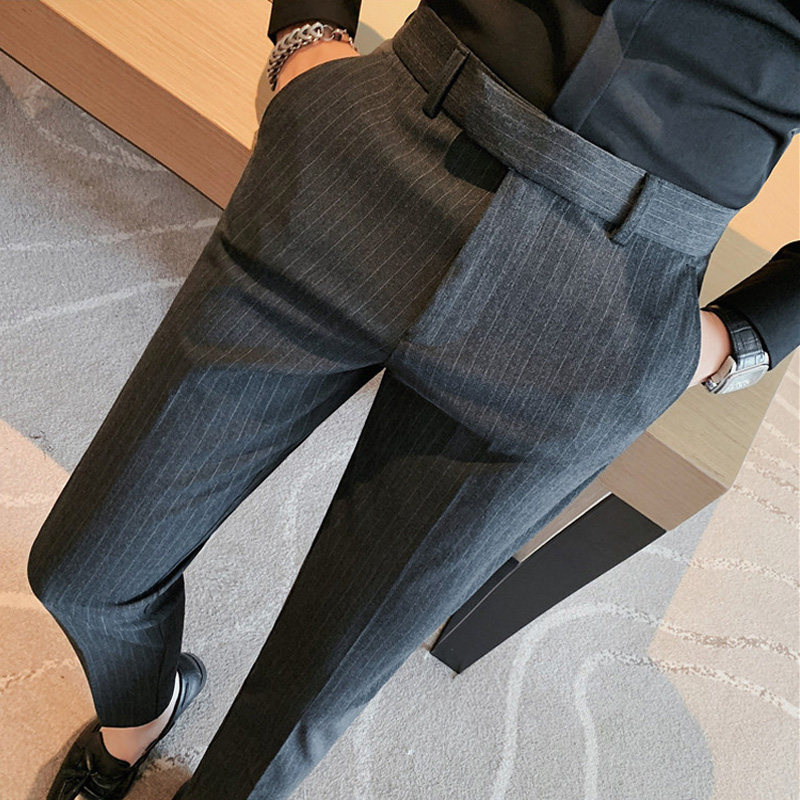 西裤男高级感垂感商务职业正装条纹修身长裤潮流小脚休闲西装裤男