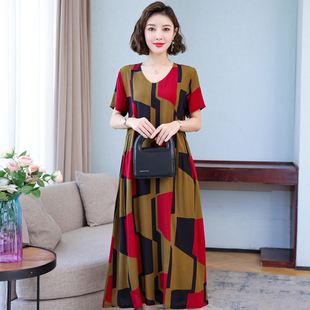 遮肉显瘦 中老年人造棉洋装 棉绸睡裙女夏中长版 妈妈宽松睡衣大尺码