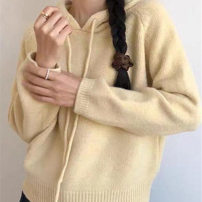 韩版设计感小众连帽针织衫上衣女秋冬新款小个子外穿宽松套头毛衣