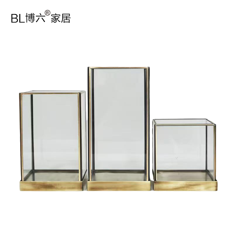 北欧景观玻璃罩几何透明摆件铜边套装 展示柜防尘罩样板房装饰