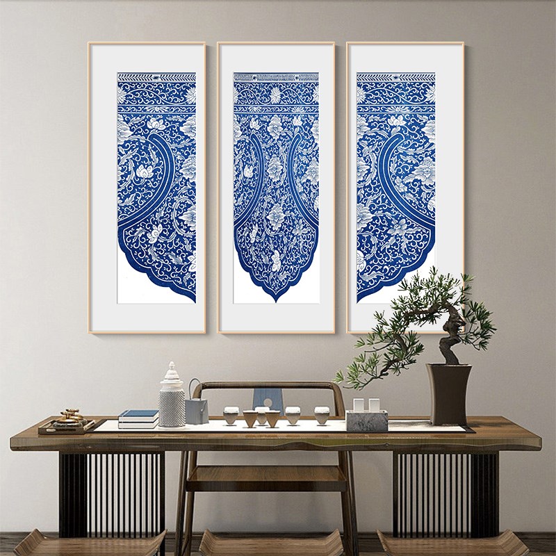 青花瓷中国风现代新中式高档茶室背景墙装饰画酒店会所软装挂画