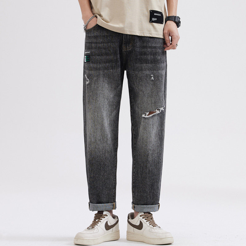 烟灰色九分牛仔裤男春季新款宽松直筒破洞休闲春秋款男生长裤子潮
