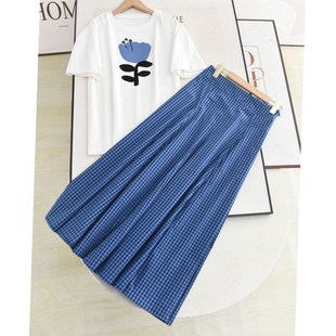 显瘦格子半身裙两件套装 阔系气质减龄休闲百搭印花T恤 中长款