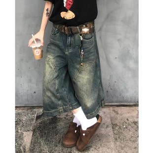 美式 宽松高腰阔腿七分裤 街头复古做旧牛仔中裤 2025新款 女夏季 大码
