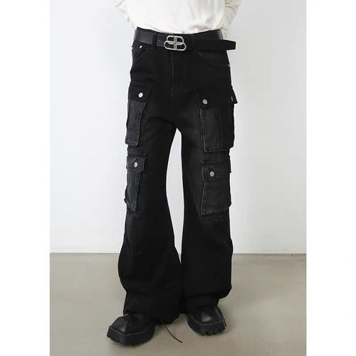 PIFU  美式复古水洗黑色工装牛仔裤男多口袋情侣宽松潮流阔腿裤子