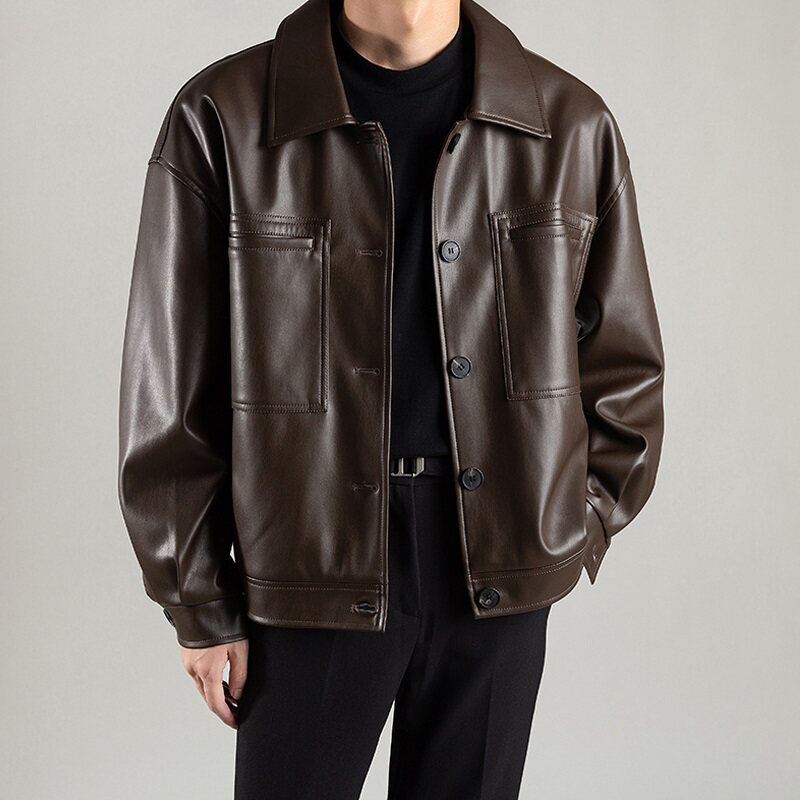翻领皮衣男韩版PU羊皮夹克轻熟春秋新款男士潮流短款机车外套秋季