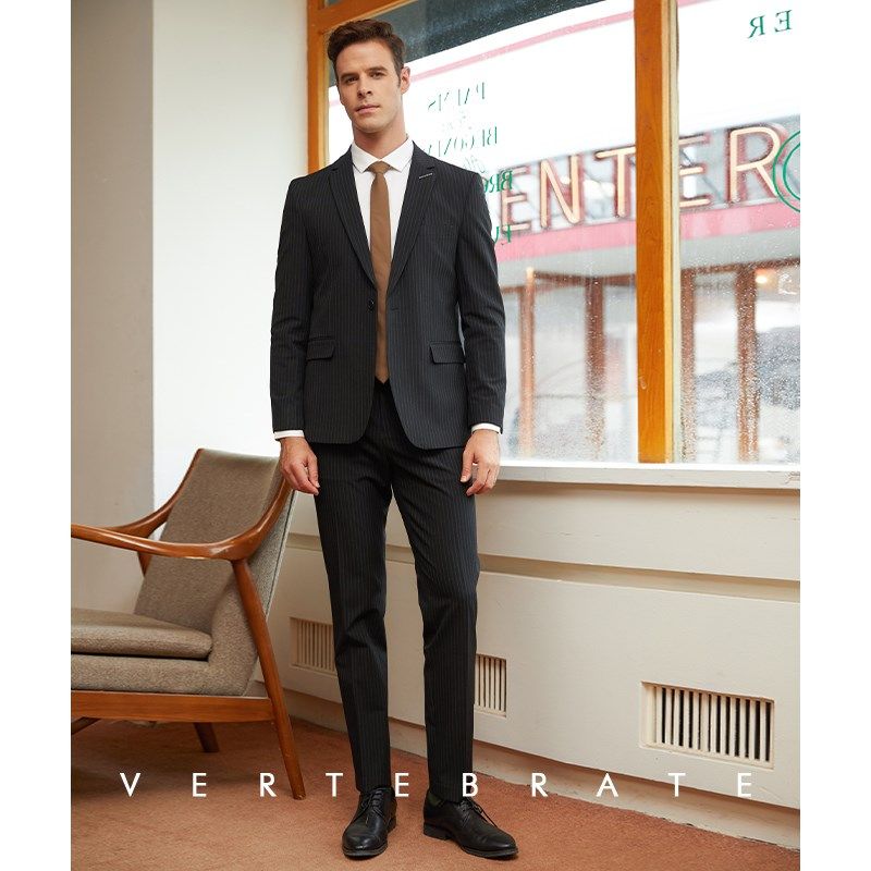 脊椎动物男装黑色条纹修身一粒扣西装男士工作服西装西裤婚礼礼服