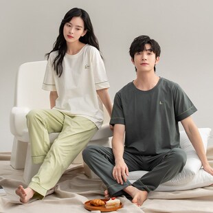 情侣睡衣纯棉夏季短袖长裤薄款女士圆领卡通男士可外穿家居服套装