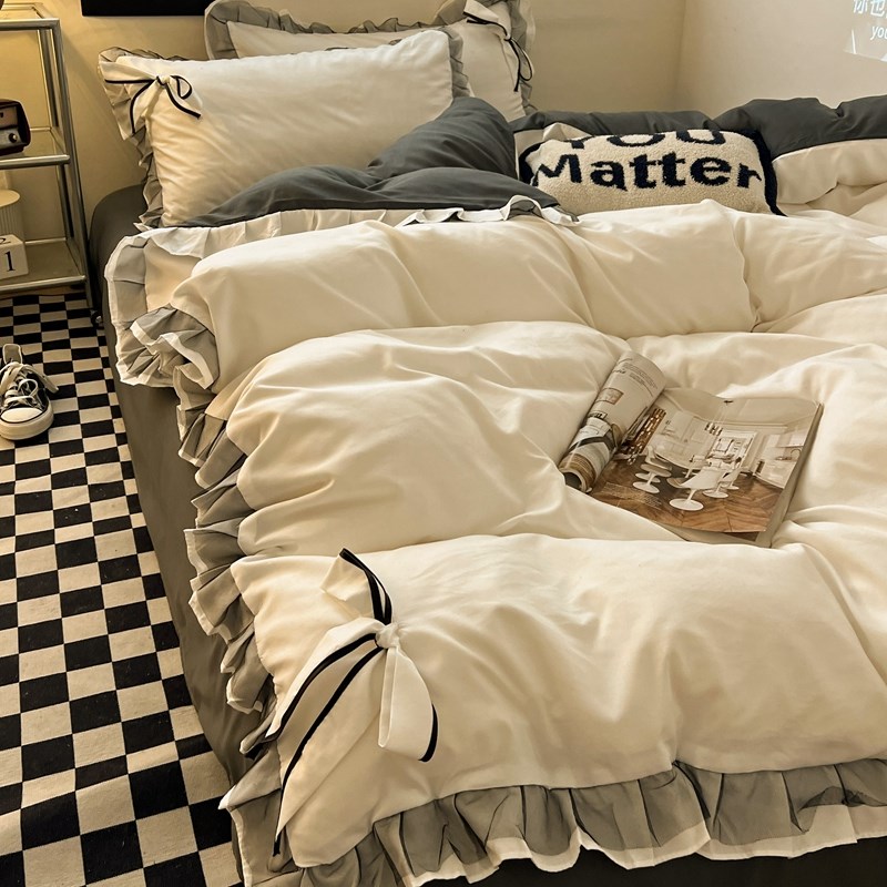 韩版公主风床单四件套全棉纯棉蕾丝花边被套纯色被罩床笠少女三件