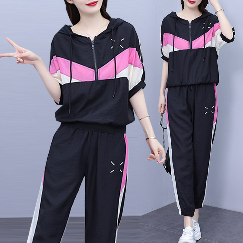 大码女装休闲运动套装女夏季胖妹妹拼色显瘦宽松短袖+裤子两件套
