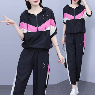 女装 裤 休闲运动套装 胖妹妹拼色显瘦宽松短袖 子两件套 女夏季 大码