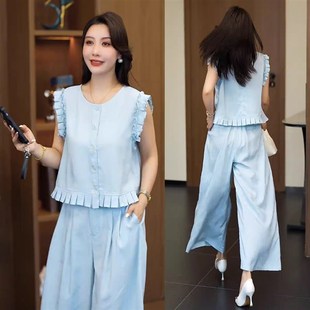 木耳边上衣阔腿裤 2025夏季 圆领无袖 宽松休闲百搭时尚 两件套女 韩版