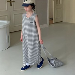 宽松休闲裙子长款 条纹针织连衣裙儿童无袖 背心裙 女童韩版 2025夏款