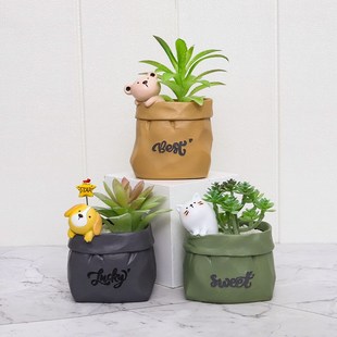 田园复古仿纸袋树脂多肉花盆儿童笔筒创意小花盆桌面装饰收纳