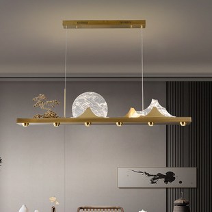 新中式 茶室吊灯全铜胡桃木一字长条餐厅灯禅意中国风书房灯茶台灯