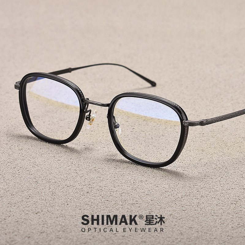 个性超轻方框手工板材复古花纹纯钛近视眼镜框男大脸黑色镜架女款