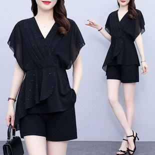 女神范韩版 夏款 V领修身 短裤 两件套女潮 显瘦雪纺小衫 高端气质套装