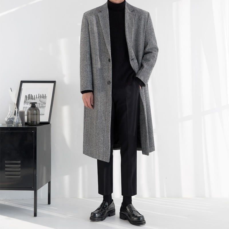 秋冬毛呢大衣男中长款冬季加厚韩版潮流英伦风人字呢羊毛呢子外套