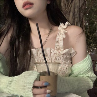 外穿无袖 2021新款 上衣潮 胖妹妹木耳边碎花吊带背心女内搭夏季 大码