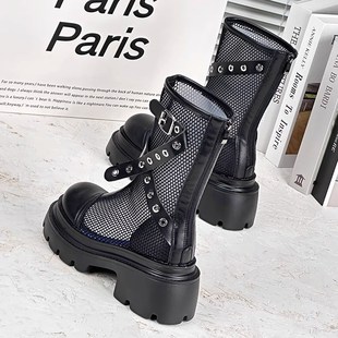 网纱凉靴镂空网靴增高百搭烟管靴 新款 薄款 厚底马丁靴女2024年夏季