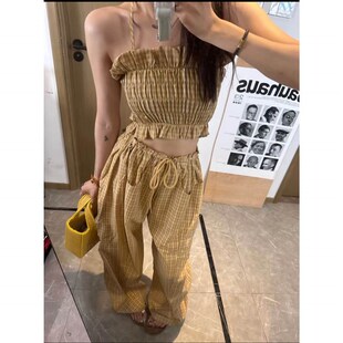 新款 套装 韩版 百搭辣妹显瘦格子吊带背心抹胸阔腿裤 女 时尚 2025夏季