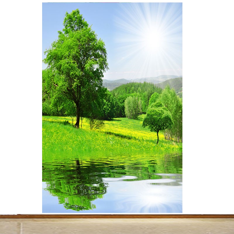 竖版大树阳光树林草地湖水自然风景海报自粘贴纸画客厅玄关装饰画