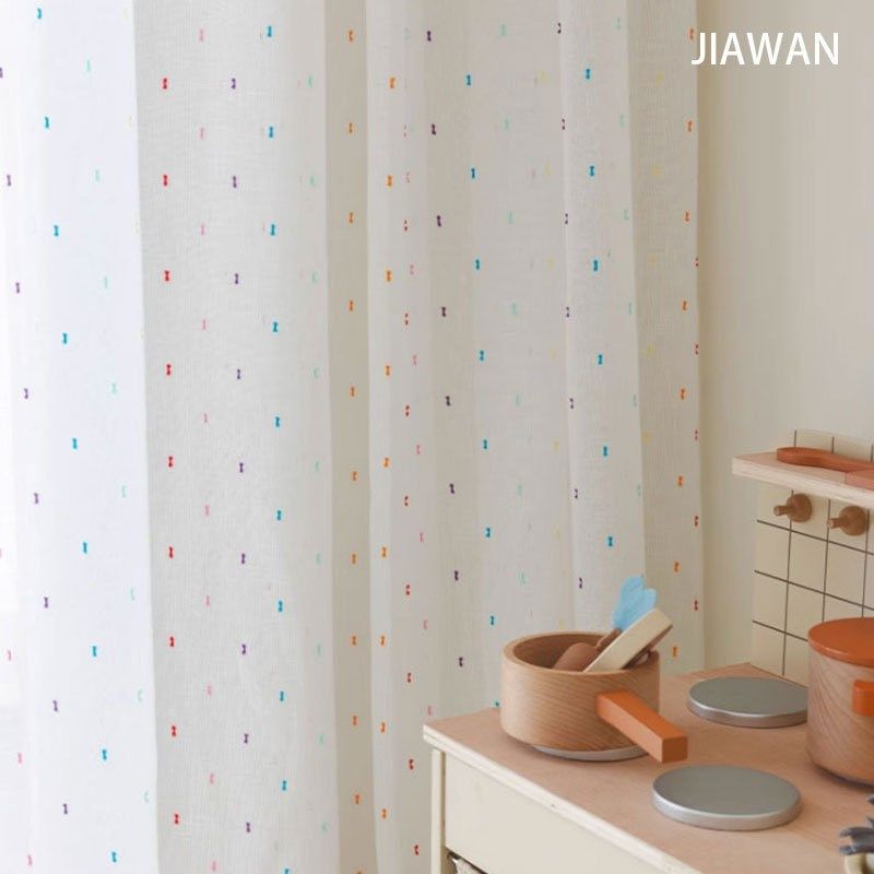 新款儿童房卡通七彩糖果绣花窗纱透光半透人白色窗帘纱帘成品定制