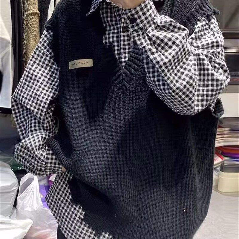 黑色春秋新款针织毛衣马甲背心女外搭宽松慵懒风无袖叠穿V领马夹