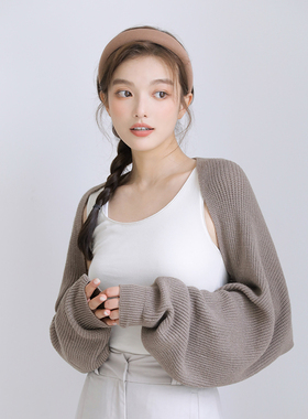 秋冬季外搭披肩女短款上衣纯色针织搭配时尚吊带很仙的袖子小坎肩