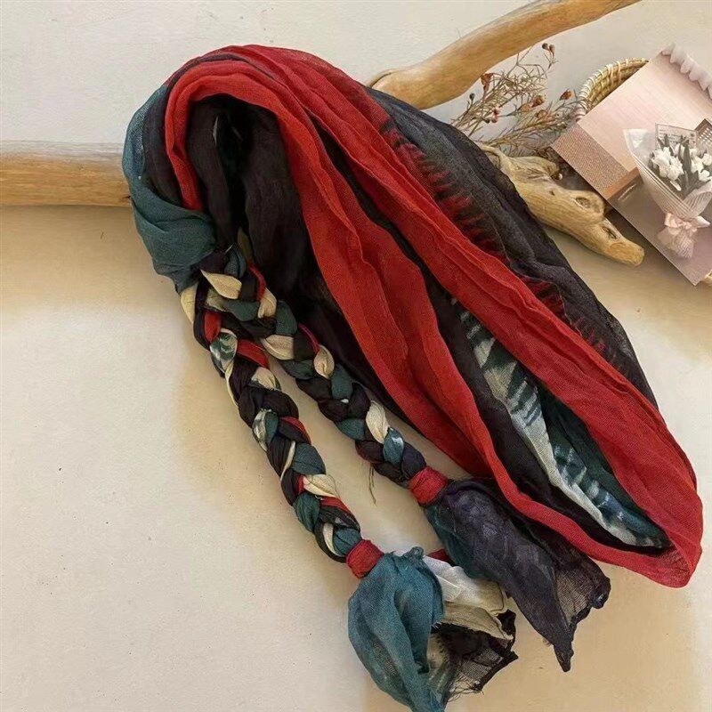 新款褶皱棉麻围巾女彩色麻花辫包头巾空调防风保暖多用围巾披肩潮
