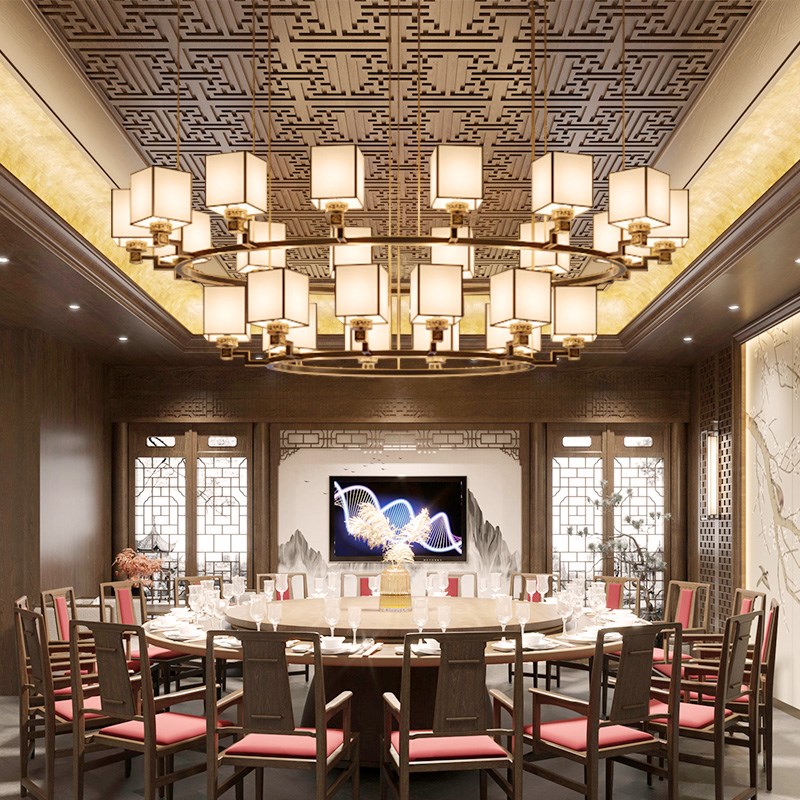 新中式包厢吊灯中国风酒店大堂宴会厅包间双层布艺别墅餐厅客厅灯
