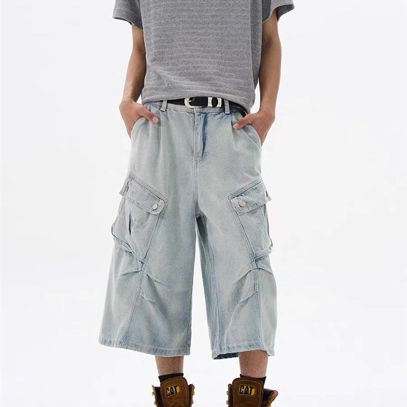 美式覆古水洗多口袋工装牛仔短裤男女夏季潮牌宽松休闲阔腿七分裤