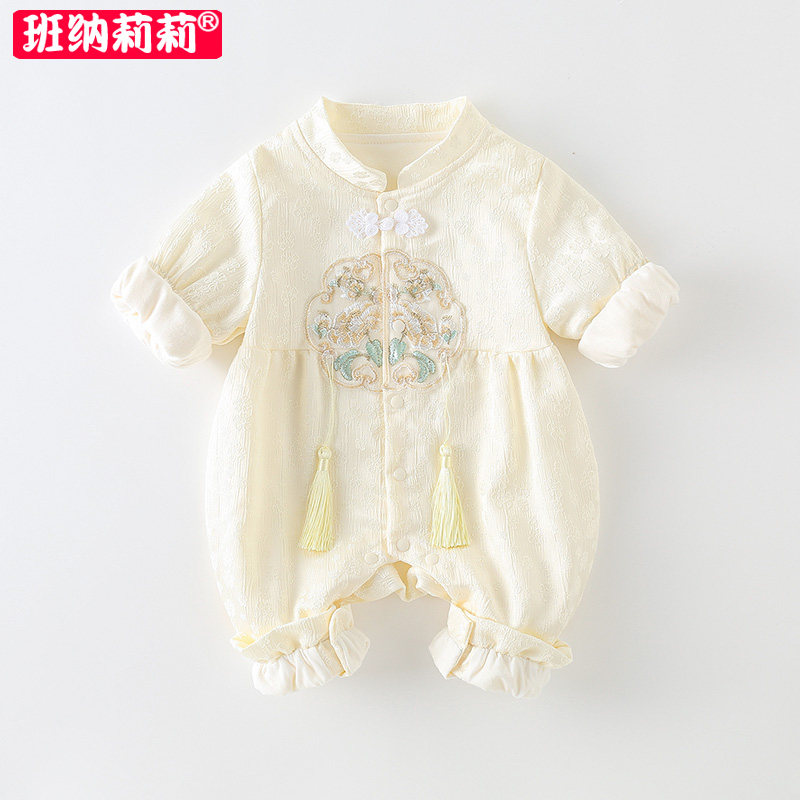 婴儿秋装衣服新生女宝宝春秋季连体衣中国风古典公主哈衣甜美可爱