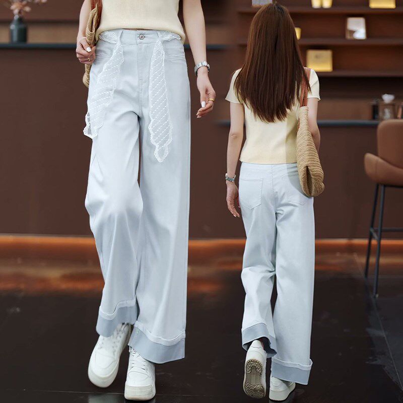 蕾丝腰带白色窄版阔腿裤女夏季薄款2025新款高腰小个子直筒裤子夏