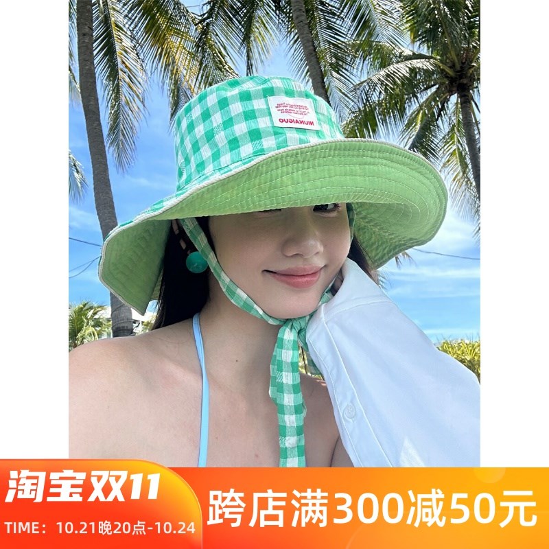 【绿色好心情】双面可戴大帽檐绑带渔夫帽夏季出游度假轻薄遮阳帽