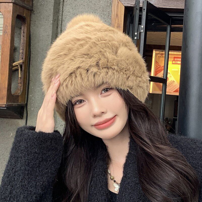 可爱兔毛皮草帽子女秋冬高级感保暖加绒弹力毛线帽毛绒护耳包头帽