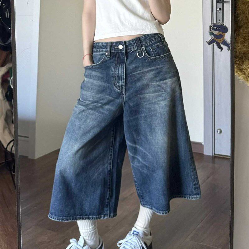 美式复古水洗蓝色七分裤女夏季新款大码中裤马骝低腰牛仔裤短裤潮