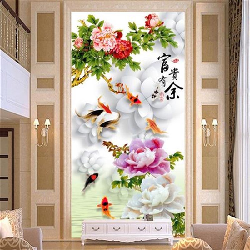 3d立体玄关背景墙壁纸中式客厅走廊过道竖版装饰壁画墙纸招财大气图片