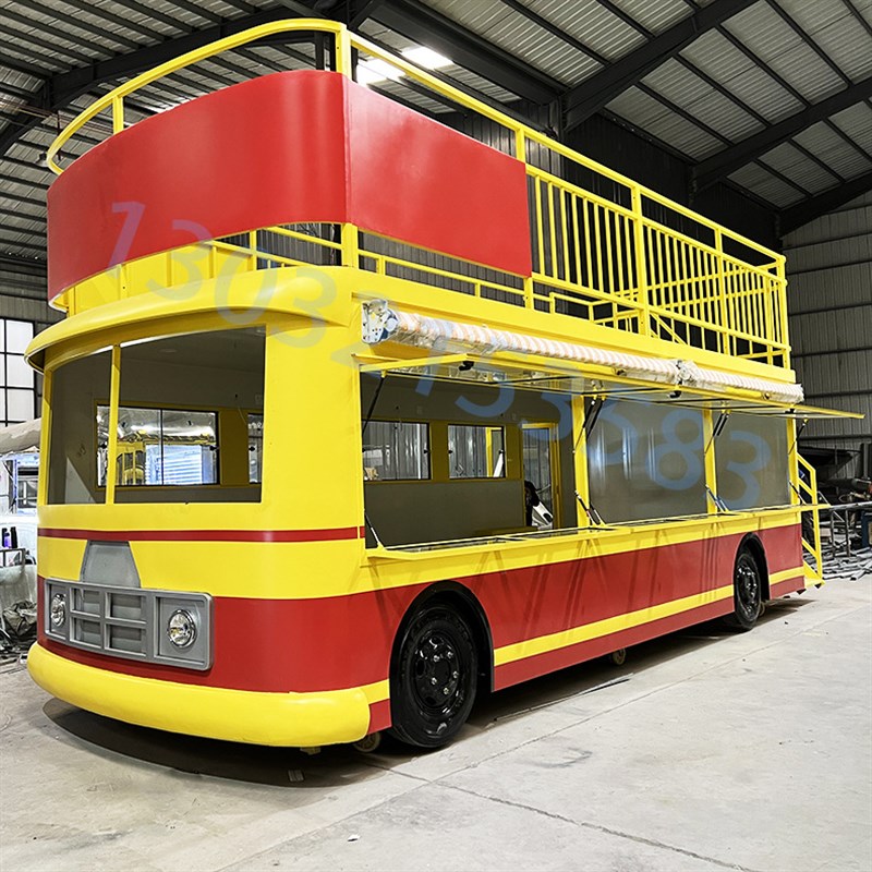 复古黄色围栏露天巴士定制生产厂家 景区主题街定制装饰道具餐车