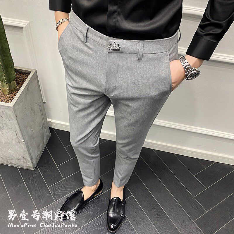 夏季薄款灰色九分西装裤修身韩版潮牌发型师修身弹力休闲小脚裤子