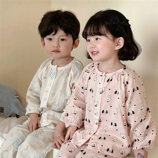 春夏圆领儿童女童薄款棉纱长袖长裤睡衣套装宝宝纯棉空调房家居服
