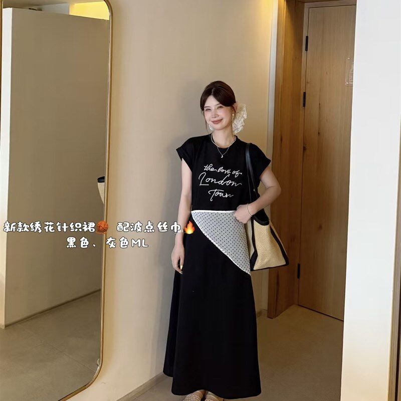 韩系慵懒风刺绣字母宽松短袖T恤连衣裙女夏季休闲波点屁帘长裙子