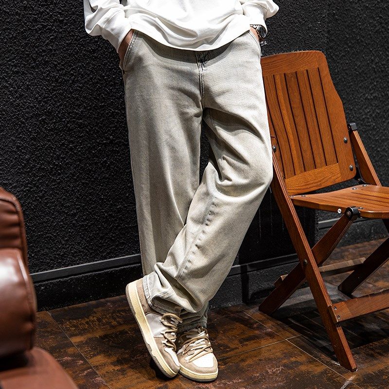 复古水洗直筒牛仔裤男秋季宽松潮牌大码长裤春秋潮流百搭男生裤子